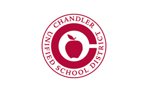 Red and white logo of Chandler Unified School District featuring a stylized apple enclosed in a circular design.