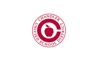 Red and white logo of Chandler Unified School District featuring an apple in the center.