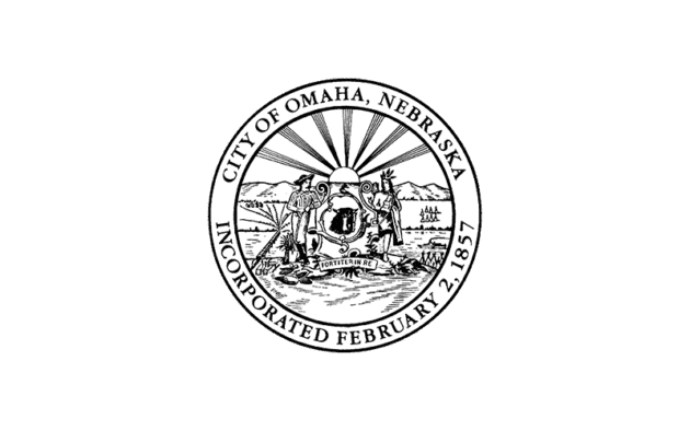 Seal of the City of Omaha, Nebraska, featuring a steamboat, train, and farmer, with the text "City of Omaha, Nebraska, Incorporated February 2, 1857" surrounding the image.