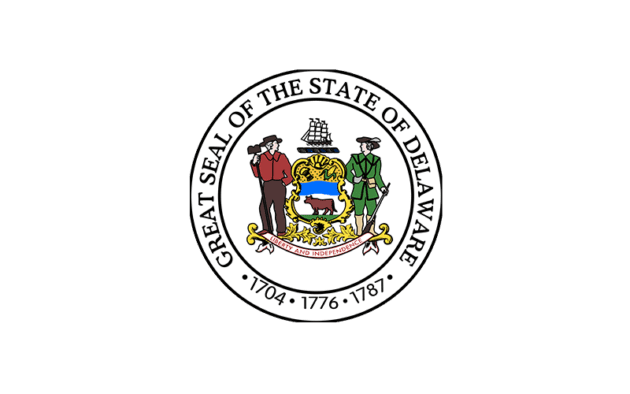 Great Seal of the State of Delaware, featuring a farmer, soldier, ship, wheat, corn, and an ox, encircled by the words "Great Seal of the State of Delaware" and the years 1704, 1776, 1787.