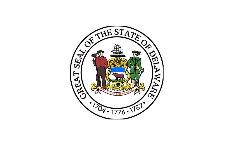 Great Seal of the State of Delaware, featuring a farmer, soldier, ship, wheat, corn, and an ox, encircled by the words "Great Seal of the State of Delaware" and the years 1704, 1776, 1787.