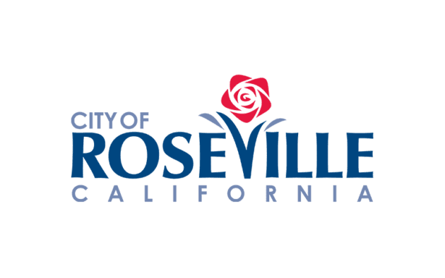 Logo of Roseville, California features a stylized red rose above the word "Roseville" in large blue letters, with "City of" and "California" in smaller blue text.