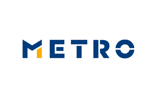 Logo of "METRO" with a stylized blue and orange design.