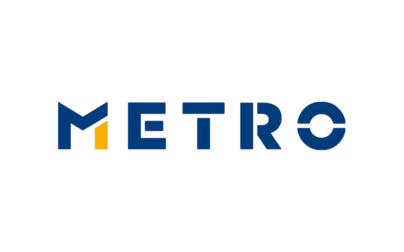 Logo of "METRO" with a stylized blue and orange design.