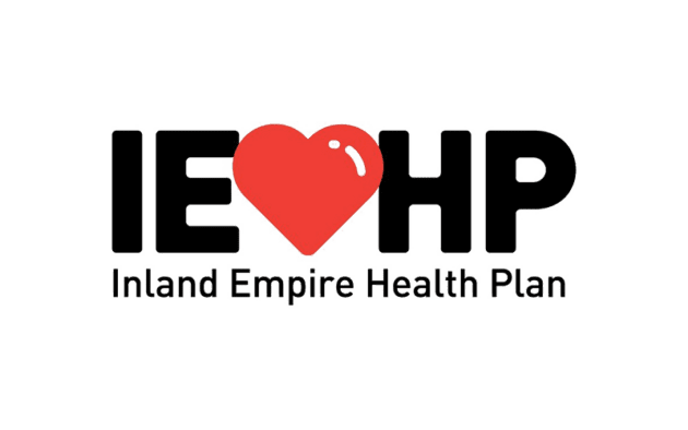 Logo of Inland Empire Health Plan displaying the letters "IEHP" with a red heart symbol replacing the letter "O".