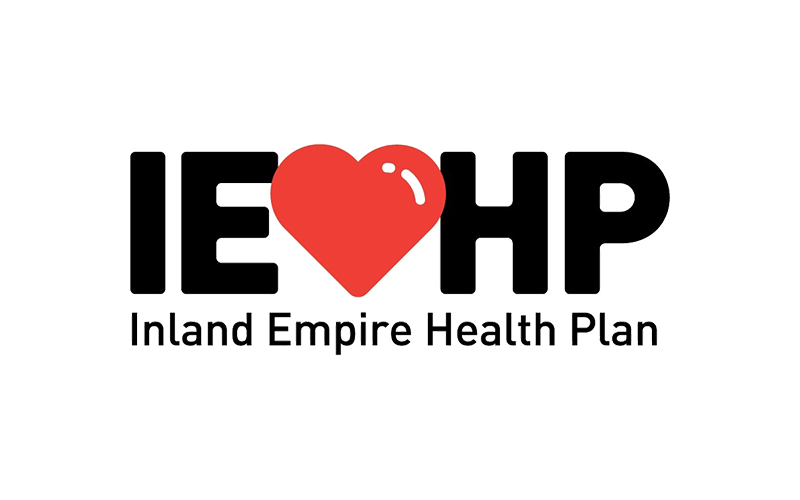 Logo of Inland Empire Health Plan displaying the letters "IEHP" with a red heart symbol replacing the letter "O".