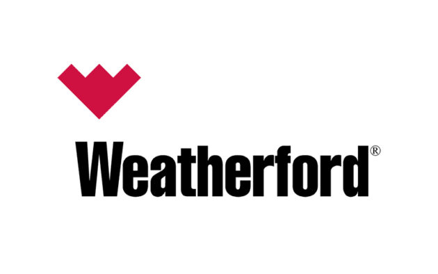 Weatherford logo. Black text saying Weatherford with a red symbol above