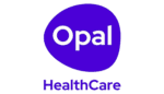 Opal HealthCare logo with the word "Opal" in white on a blue, irregular oval shape, and "HealthCare" written below in blue text on a white background.
