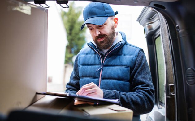 A delivery person in a blue cap and vest checks documents while standing beside a vehicle filled with packages.