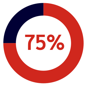 A circular progress chart is mostly filled in red, indicating 75% completion, with the percentage displayed in red text at the center.