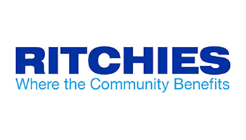 Logo with the text "RITCHIES" in bold blue letters above "Where the Community Benefits" in light blue.