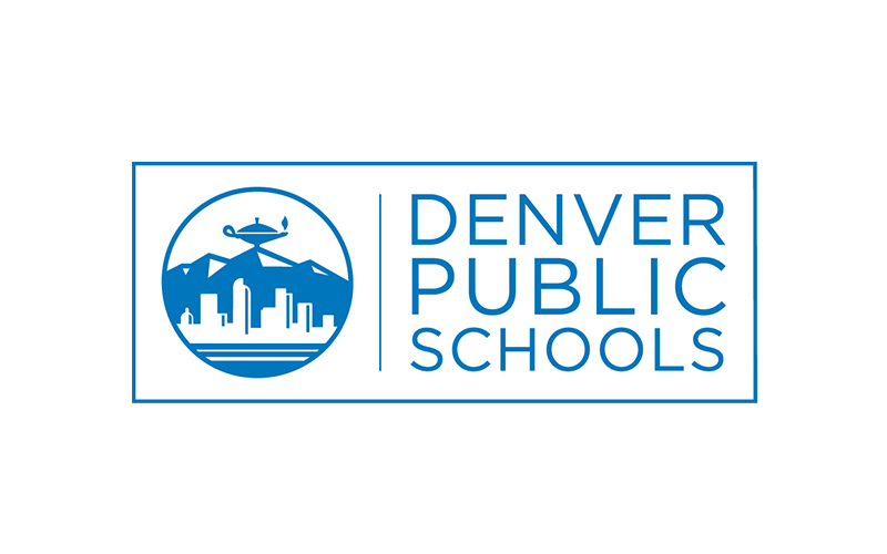 Denver Public Schools logo features a stylized cityscape with mountains and a satellite, in blue and white colors.