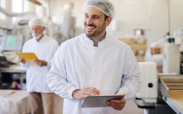 A man in a white lab coat and hair net smiles while holding a tablet in a food processing facility. Another man in a similar outfit writes on a clipboard in the background.