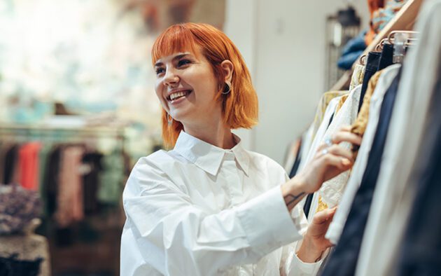 A person with short red hair smiles while browsing clothes on a rack in a store.