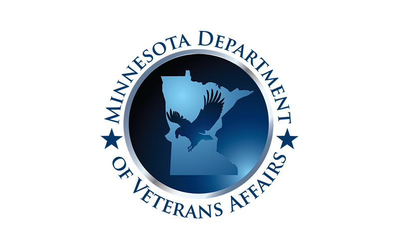 Logo depicting an eagle flying over Minnesota's outline, encircled by a metallic ring on a blue background.