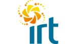 Logo with stylized orange and yellow circular design above the blue lowercase letters "irt.
