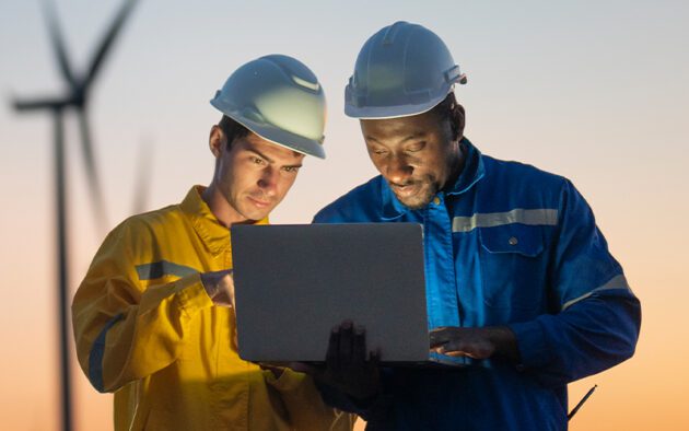 Two workers wearing safety helmets and overalls review information on a laptop outdoors near wind turbines.