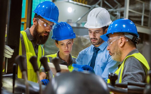 Four construction workers in safety gear are having a discussion at a construction site, looking at a document. One worker is in a white hard hat and blue shirt, the others are in blue hard hats and safety vests.