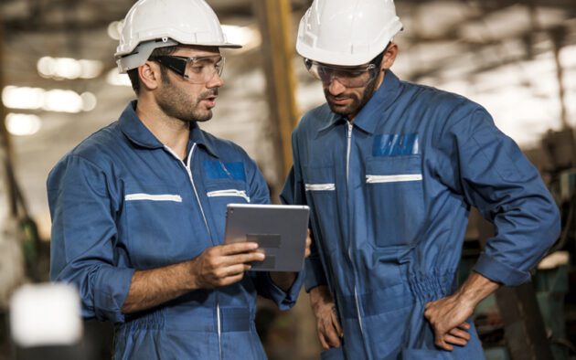 Two workers in blue coveralls and white helmets look at a tablet in an industrial setting.