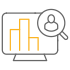 Icon of a computer monitor displaying bar graphs with a magnifying glass focused on a user profile.