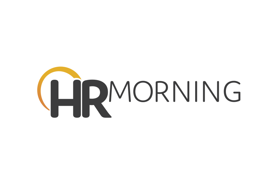 Logo of HR Morning with "HR" in bold, dark gray letters and a yellow arc over the "H," followed by "MORNING" in lighter gray text.