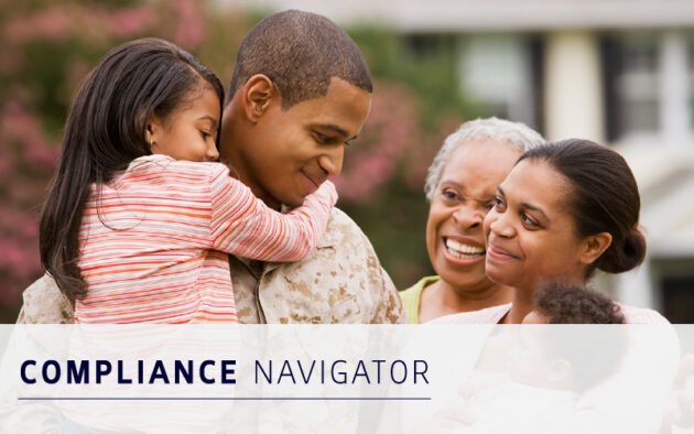A man in military uniform holds a young girl, standing with two women and a baby outdoors. Text reads "Compliance Navigator.