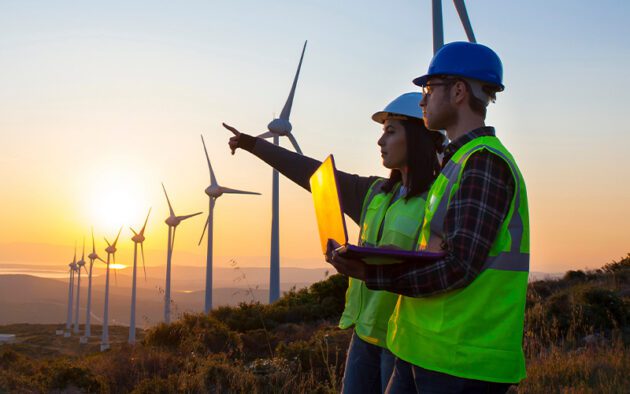 Two people in safety gear stand with a laptop, observing wind turbines at sunset. One points towards the turbines.