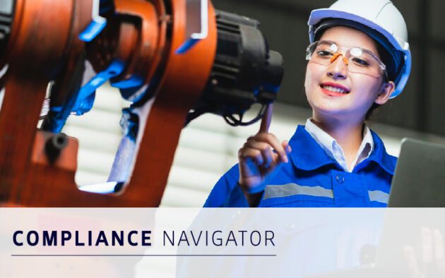 A woman in safety gear operates machinery with a laptop; text reads “COMPLIANCE NAVIGATOR.”.