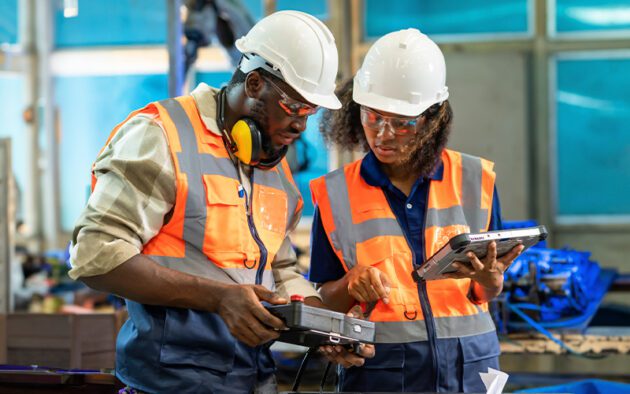 Two workers in safety gear, including helmets and vests, examining equipment in an industrial setting. One holds a control device while the other takes notes on a tablet.