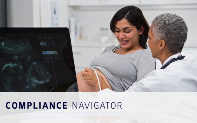 A doctor performs an ultrasound on a pregnant woman in a medical office. The words "COMPLIANCE NAVIGATOR" are overlaid on the image.
