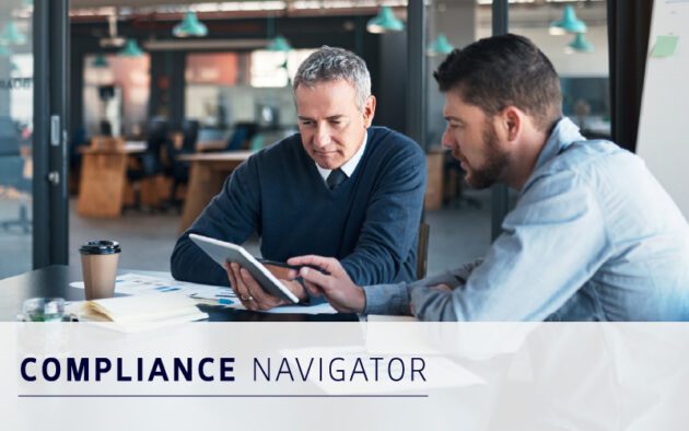 Two men sit at a table in an office, reviewing compliance documents and a tablet. The text "COMPLIANCE NAVIGATOR" is displayed at the bottom of the image.