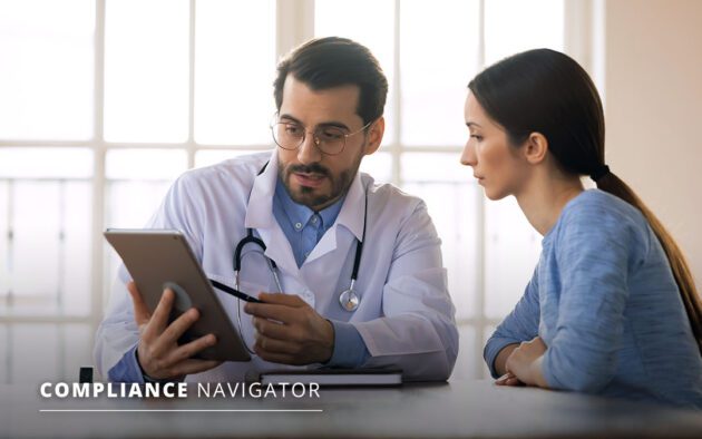 A doctor and a patient sitting at a table in front of a big window going over something on a tablet the doctor is holding. Text overlay reads "Compliance Software".