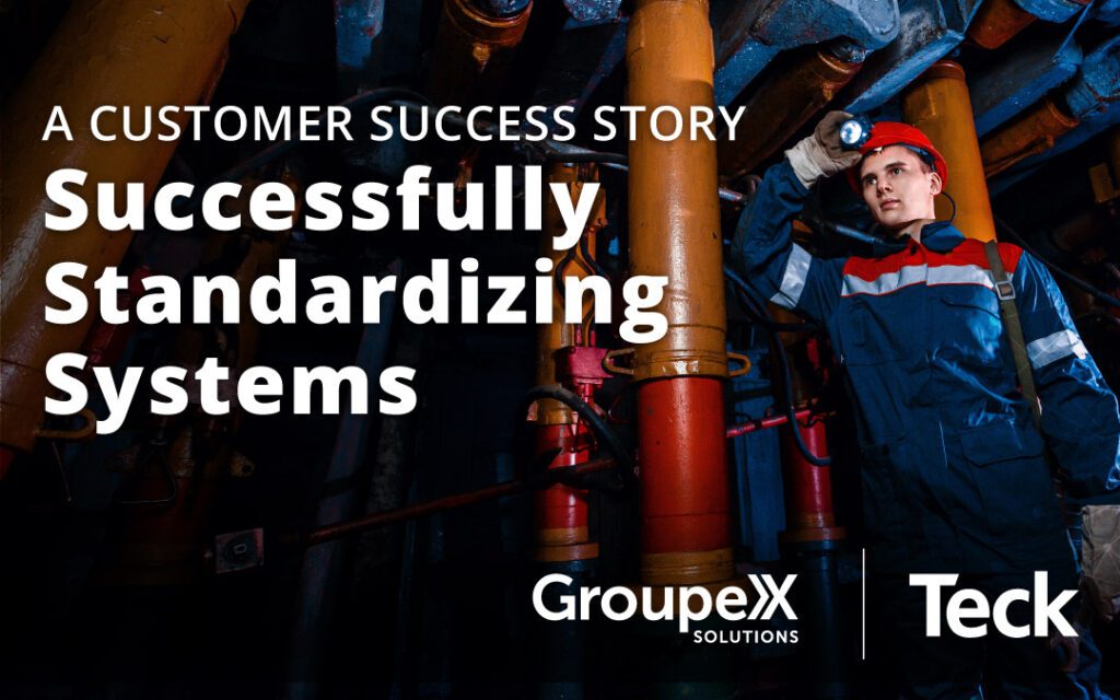 An inspection worker inspecting pipes, wearing a hard hat with a flashlight on it. Text overlays the image, promoting an on-demand webinar titled “A Client Success Story. Successfully Standardizing Systems. “ by GroupX and Teck.