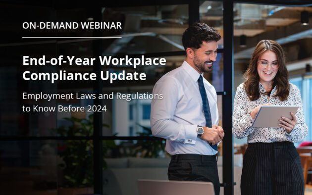 People talking in an office with text saying "End-of-year workplace compliance update: employment laws and regulations to know before 2024"