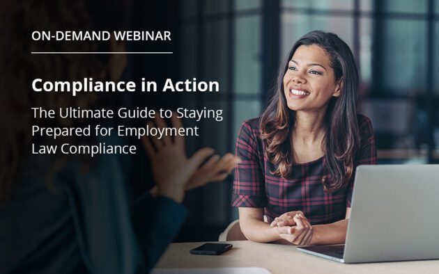 Woman smiling at table in front of laptop. Text saying "Compliance in Action: The Ultimate Guide to Staying Prepared for Employment Law Compliance"