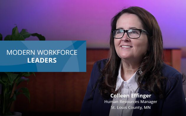 A person with glasses and long dark hair is sitting in front of a blue and purple background that reads "Modern Workforce Leaders". Text shows their name and title: "Colleen Effinger, HR Manager".