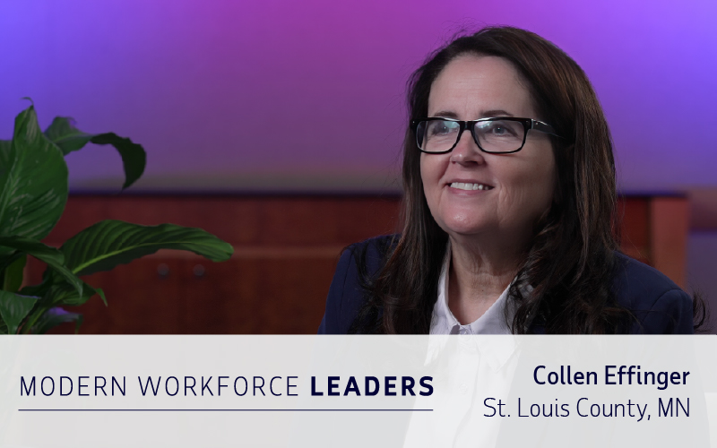 A woman in glasses and a blazer sits indoors, smiling. Text on image: "MODERN WORKFORCE LEADERS Colleen Effinger, St. Louis County, MN.