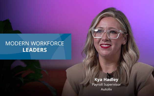 Woman with glasses smiles in an interview setting. Text reads, "MODERN WORKFORCE LEADERS, Kya Hadley, Payroll Supervisor, Autoliv.