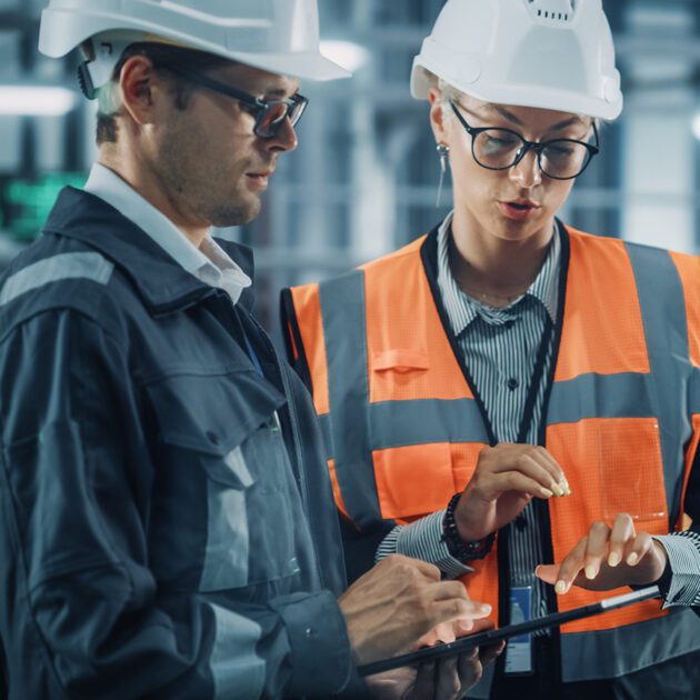 Two people wearing safety helmets and vests discuss information on a tablet in an industrial setting.