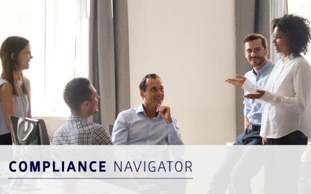 A group of five professionally dressed people have a discussion in a bright office. Text at the bottom reads "COMPLIANCE NAVIGATOR.
