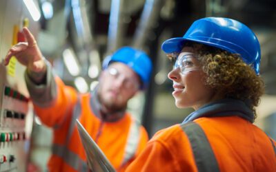 Two workers in orange safety gear and blue helmets operate control panel in an industrial setting.