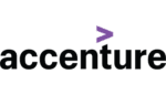 Logo with the text "accenture" in black, featuring a purple stylized "V" icon above the text.