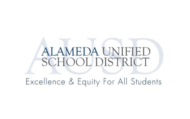 Logo of the Alameda Unified School District with the motto "Excellence & Equity For All Students" on a white background.