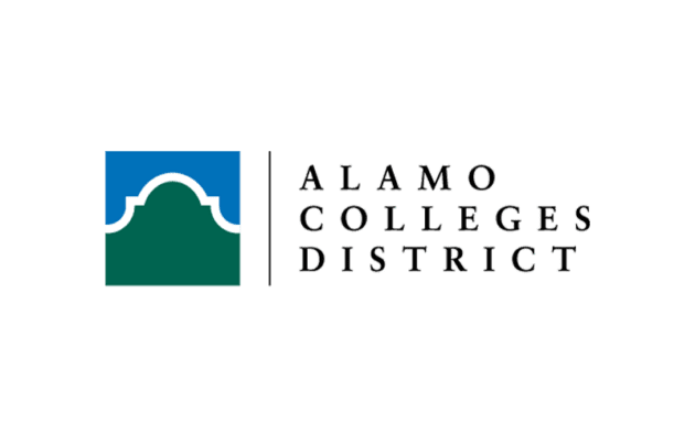 Logo of Alamo Colleges District featuring a stylized green and blue arch design with the name in black text.