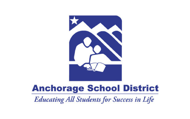 Logo of Anchorage School District features stylized figures of a parent and child with a book, mountains, and a star. Text reads "Anchorage School District: Educating All Students for Success in Life.