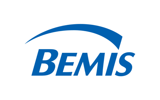 Logo of Bemis featuring the company name in blue with a blue arc above it on a white background.