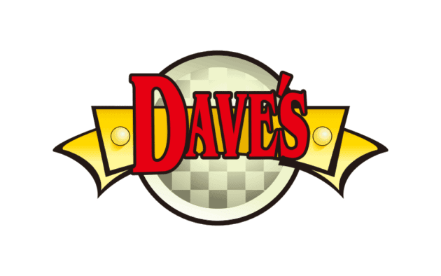 A logo featuring the word "Dave's" in bold red letters over a checkered beige circle with a yellow banner on each side.