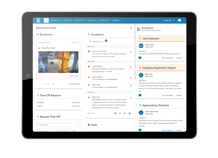 Tablet displaying a workforce management dashboard with weather alert, time-off balances, exceptions, and tasks.