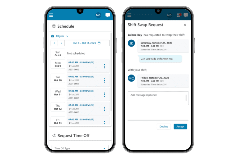 Two smartphone screens display a scheduling app. The left shows a weekly schedule, and the right shows a shift swap request.