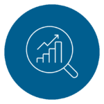 A magnifying glass over a bar chart with an upward trending line on a blue circle background.